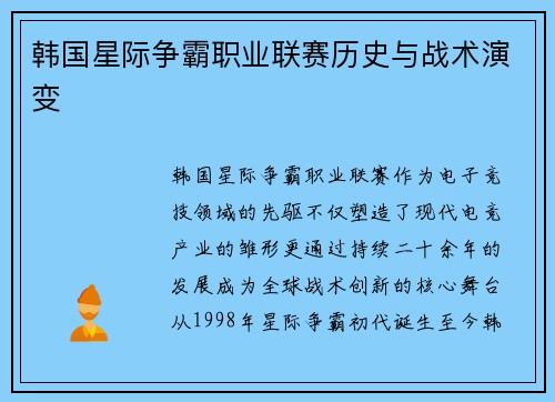 韩国星际争霸职业联赛历史与战术演变